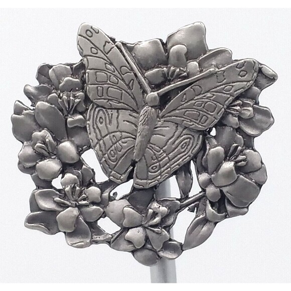 Butterfly and Flowers Brooch Scatter Pin Pewter Metal Birds & Bloom 1998 Vintage - Picture 1 of 12